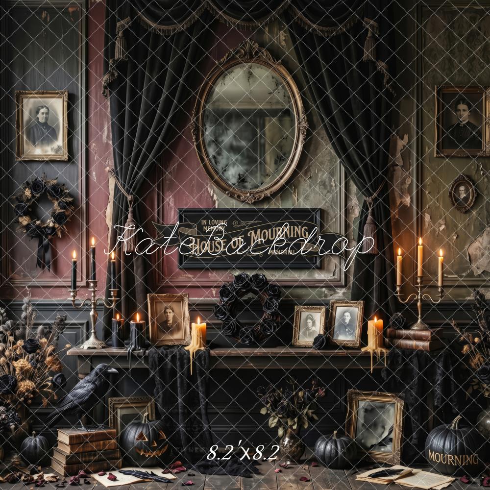 Kate Halloween Gothic House of Mourning Fireplace Printed Backdrop Designed by Patty Roberts