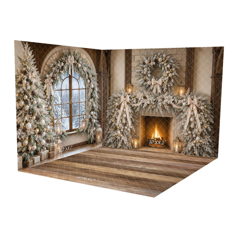 Kate Christmas Fireplace Garland Wreath Window Lanterns Printed Backdrop Room Set