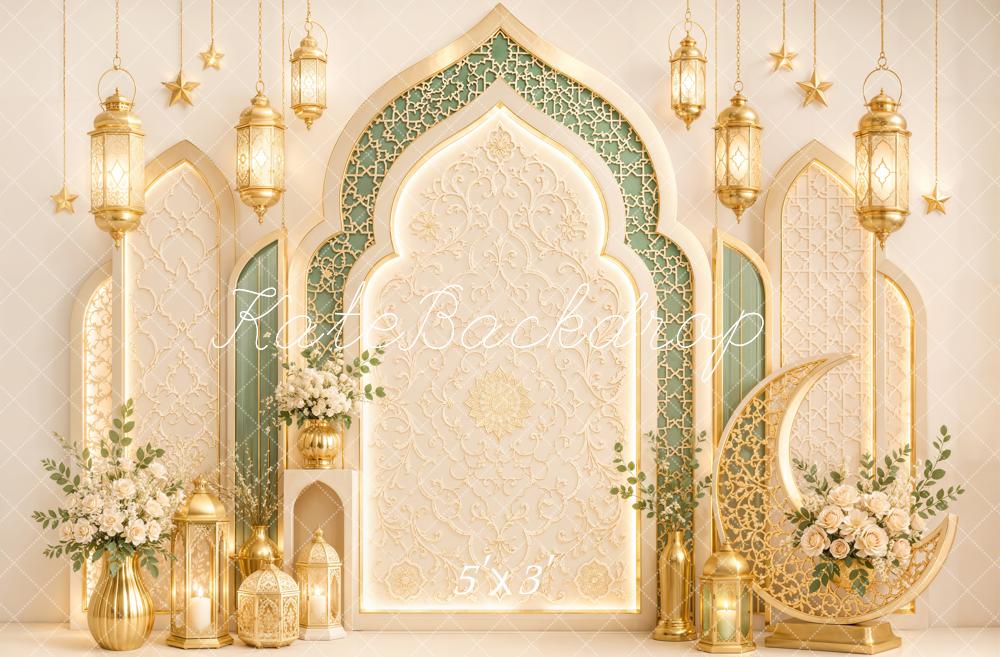 Kate Islamic Gold Arches Lanterns Crescent Moon Printed Backdrop Designed by Emetselch