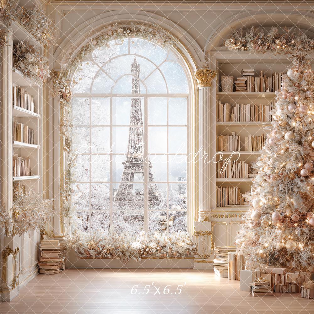 Kate Christmas Bookcase Arch Window Tree Eiffel Tower Backdrop Designed by Ashley Paul