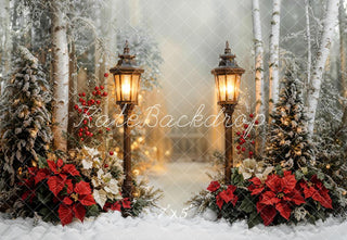 Kate Christmas Lantern Poinsettia Snowy Forest Printed Backdrop Designed by Emetselch