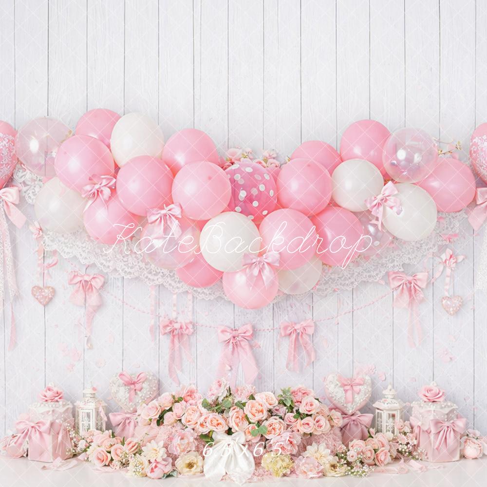 Kate Cake Smash Coquette Pink Balloon Heart Bows Floral Printed Backdrop Designed by Mandy Ringe Photography