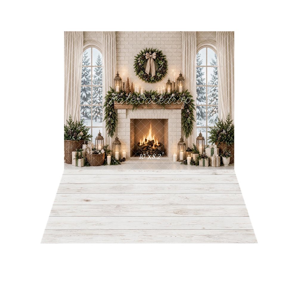 Kate Christmas Fireplace Wreath Garland White Curtains Printed Backdrop+White Wood Plank Floor Backdrop Printed Backdrop