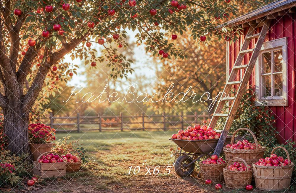 Kate Fall Apple Orchard Tree Red Barn Ladder Baskets Printed Backdrop Designed by Emetselch