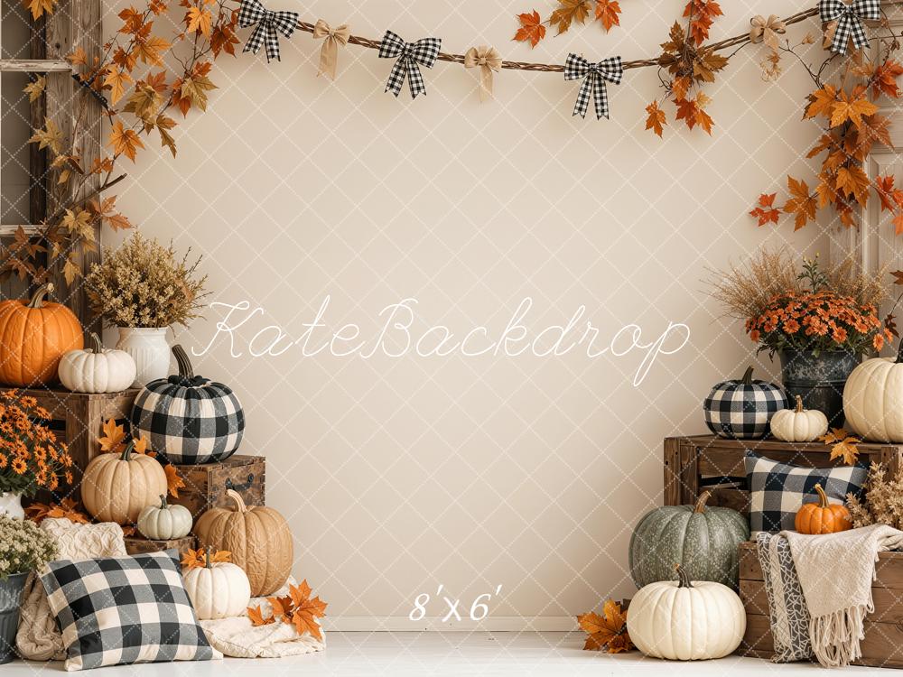 Kate Fall Beige Pumpkin Rustic Plaid Garland Printed Backdrop Designed by Shutter Swan Studios