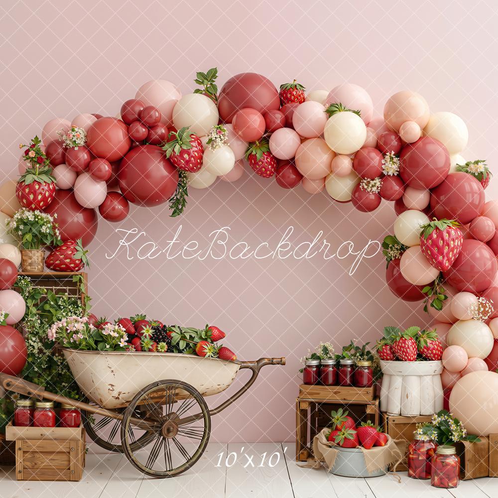 Kate Summer Strawberry Balloon Arch Wheelbarrow Crates Printed Backdrop Designed by Emetselch