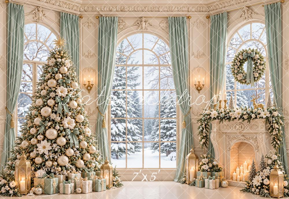 Kate Christmas Tree Fireplace Wreath Snowy Window Printed Backdrop Designed by Emetselch