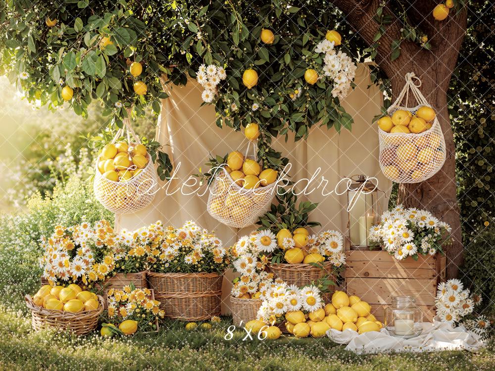 Kate Summer Lemons Baskets Daisy Flowers Picnic Garden Printed Backdrop Designed by Emetselch