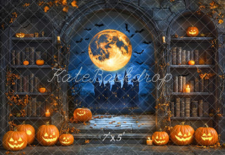Kate Halloween Pumpkin Moon Vintage Bookshelf Printed Backdrop Designed by Emetselch