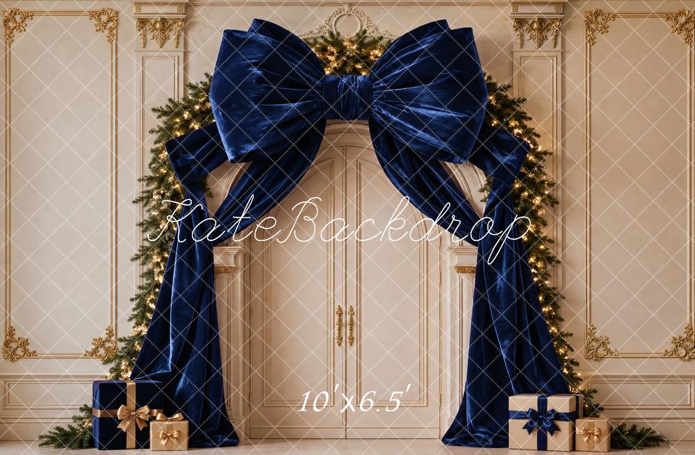 Kate Christmas Navy Velvet Bow Garland Arch Vintage Printed Backdrop Designed by Vertigo Productions