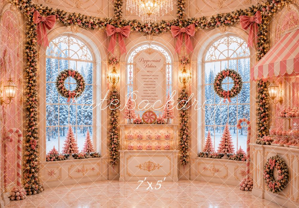 Kate Christmas Pink Palace Peppermint Candy Shop Window Snowy Printed Backdrop Designed by Caitlin Lynch