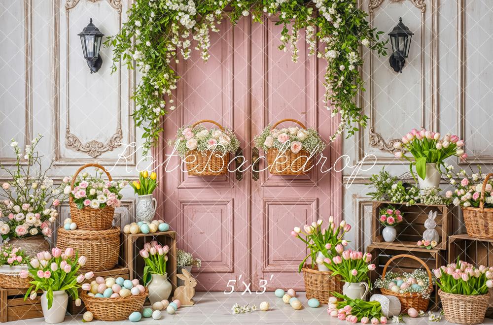 Kate Easter Basket Pastel Eggs Pink Door Flowers Printed Backdrop Designed by Patty Roberts