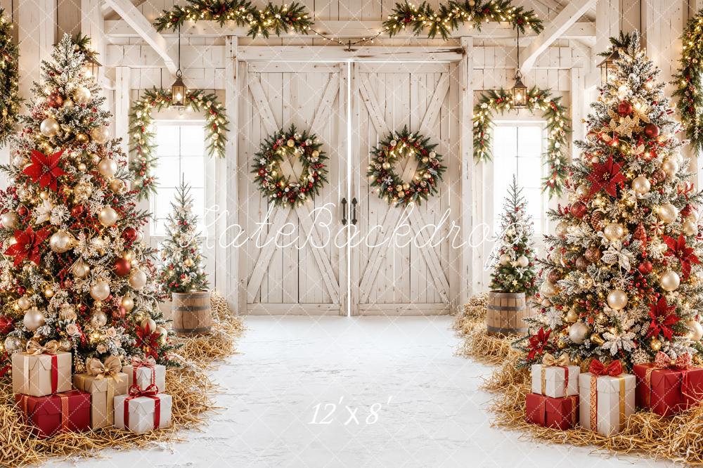 Kate Christmas Rustic Barn Trees Wreaths Gifts Snow Printed Backdrop Designed by Emetselch