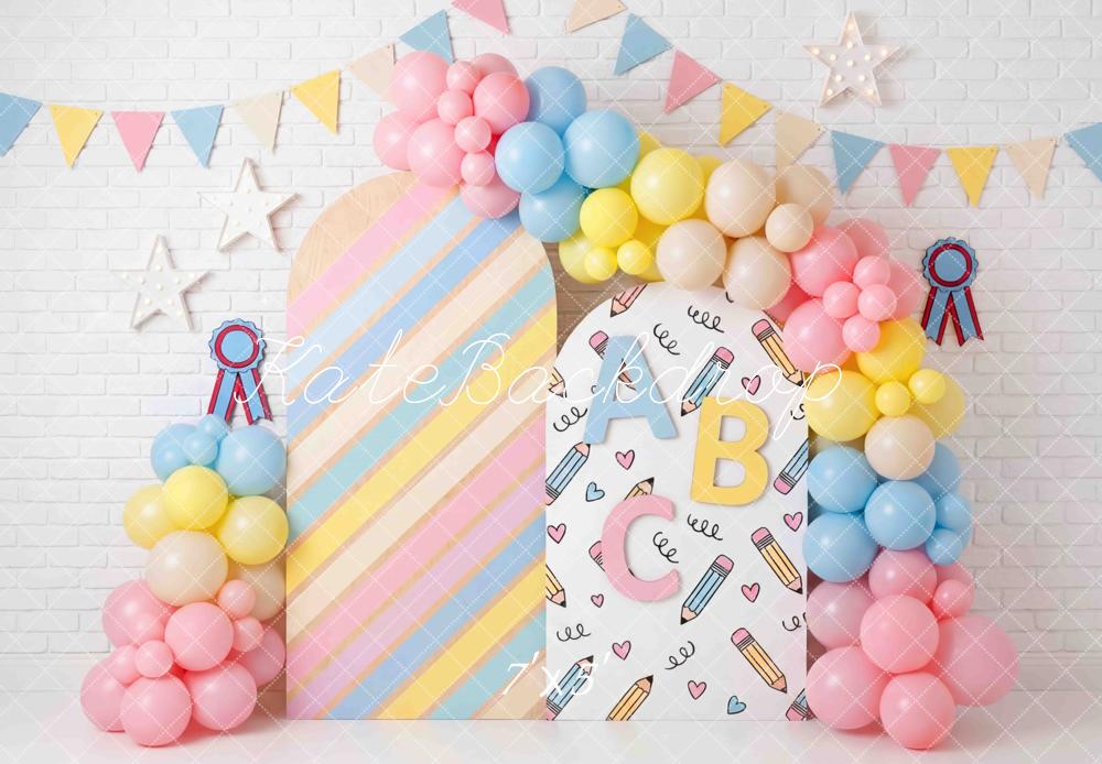 Kate Back to School ABC Balloons Pastel Stripes Printed Backdrop Designed by Mini MakeBelieve