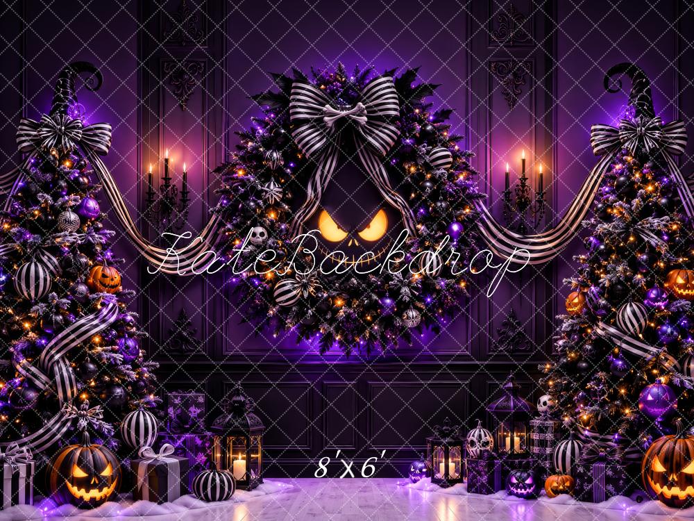 Kate Halloween Purple Christmas Trees Jack O Lantern Wreath Printed Backdrop Designed by Megan Leigh Photography