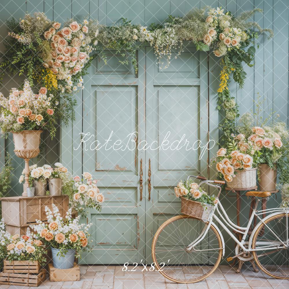 Kate Spring Flower Arch Bicycle Mint Green Door Printed Backdrop Designed by Emetselch