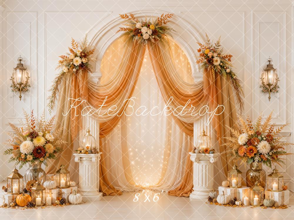Kate Fall Drapes Flower Arch Pumpkin Candle Lantern Printed Backdrop Designed by Emetselch