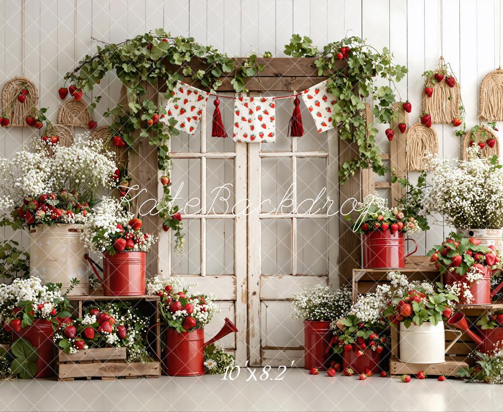 Kate Summer Strawberry Garland Rustic Window Watering Can Floral Crate Printed Backdrop Designed by Emetselch