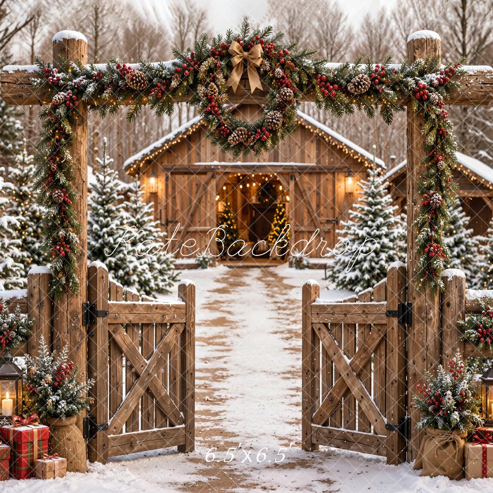 Kate Christmas Garland Rustic Gate Snowy Cabin Path Printed Backdrop Designed by Emetselch