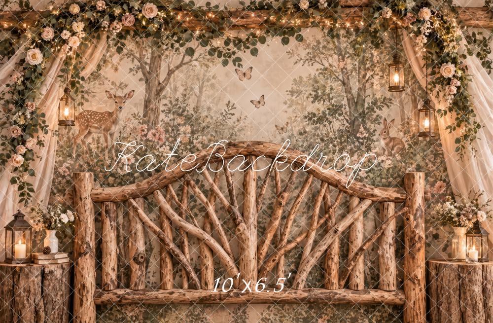 Kate Forest Headboard Rustic Brown Woodland Deer Lanterns Printed Backdrop Designed by Laura Bybee