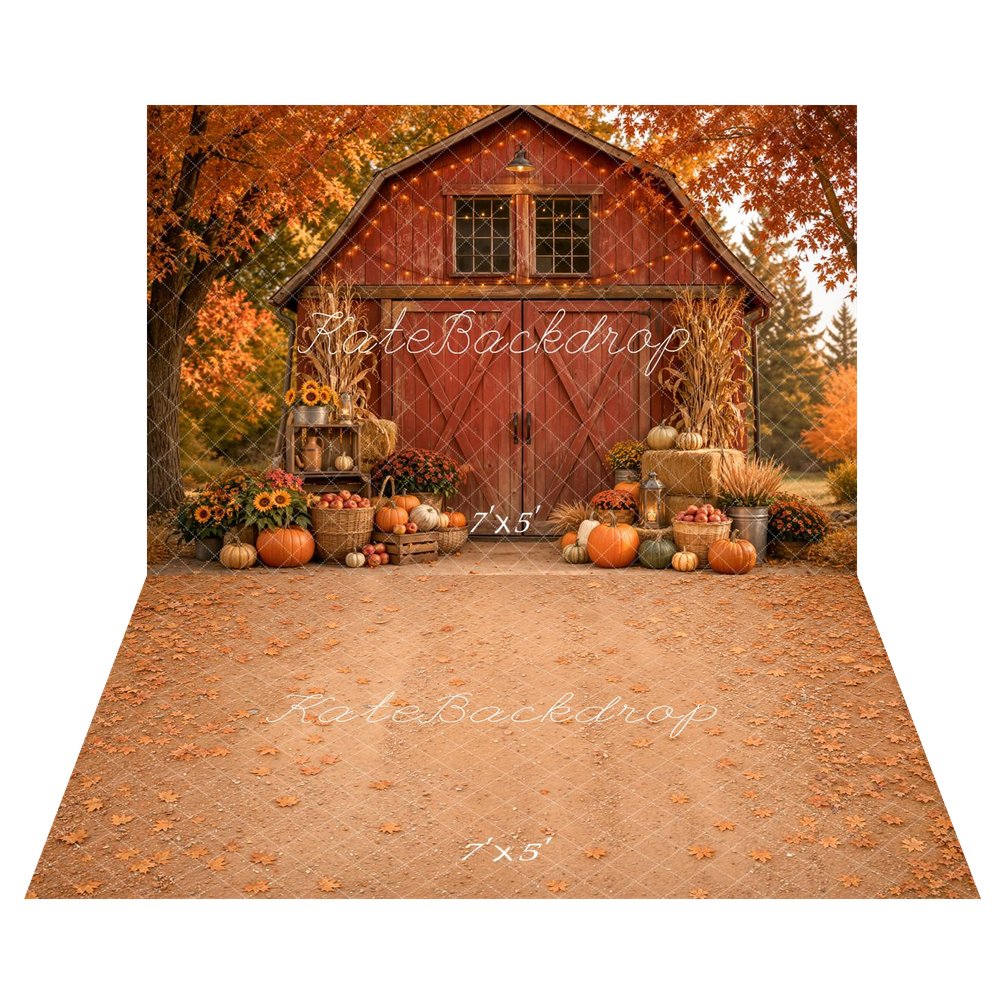 Kate Fall Red Barn Pumpkin Sunflower Cornstalk Apple Lantern Printed Backdrop+Fall Maple Leaves Floor Backdrop Printed Backdrop