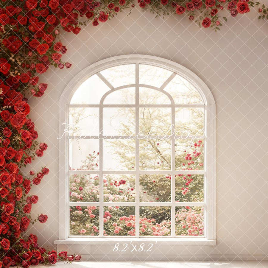 Romantic Red Rose Window Garden Backdrop