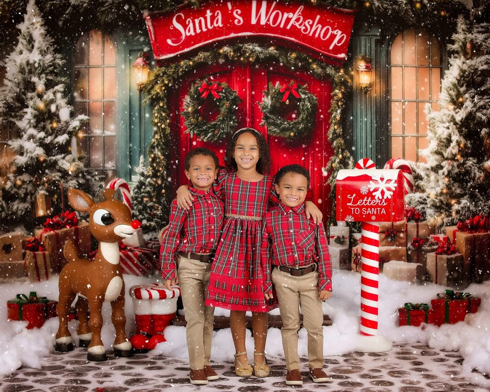 Kate Christmas Santa's Workshop Red Door Snow Backdrop Designed by Emetselch