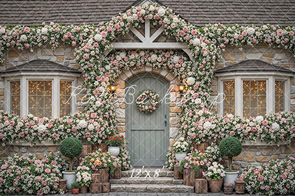 Kate Spring Flower Arch Stone Cottage Door Printed Backdrop Designed by Mini MakeBelieve