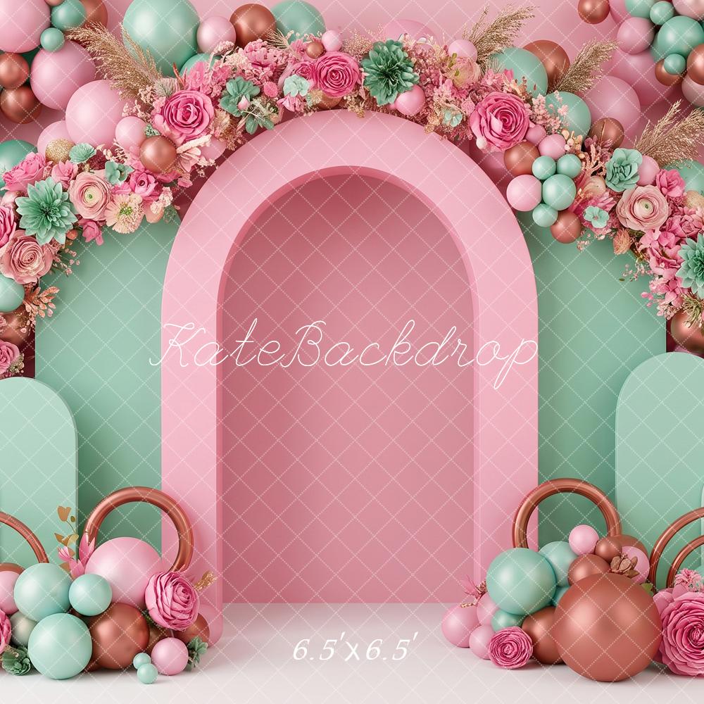 Kate Cake Smash Flower Arch Pink Mint Balloons Printed Backdrop Designed by Angela Miller