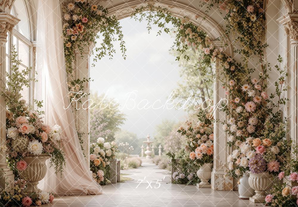 Kate Spring Flower Arch Palace Garden White Curtains Printed Backdrop Designed by Shutter Swan Studios