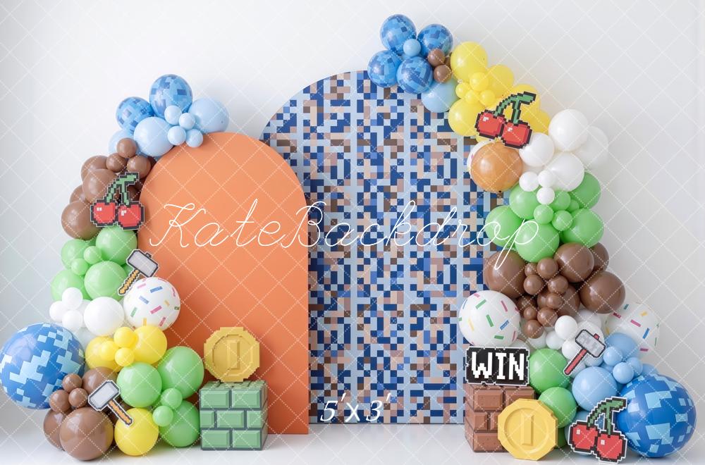 Kate Cake Smash Pixel Video Game Balloons Bricks Coins Blue Mosaic Printed Backdrop Designed by Mini MakeBelieve