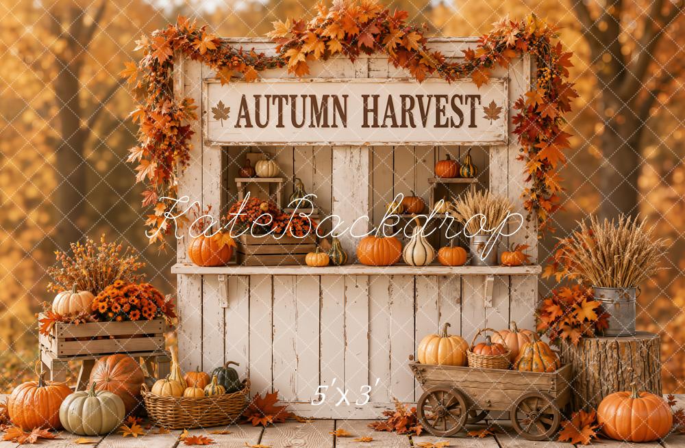 Kate Fall Harvest Pumpkin Stand Wagon Maple Forest Printed Backdrop Designed by Emetselch