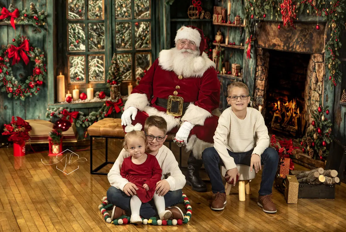 Kate Christmas Green Retro Wood Wall Window Backdrop Designed by Emetselch