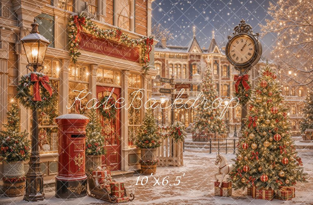 Kate Christmas Victorian Street Clock Lamp Post Christmas Tree Gifts Printed Backdrop Designed by Emetselch
