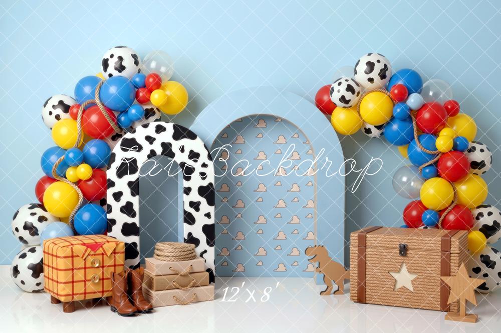 Kate Birthday Cowboy Cow Print Arch Balloons Toy Chest Blue Clouds Printed Backdrop Printed Backdrop Designed by Mini MakeBelieve