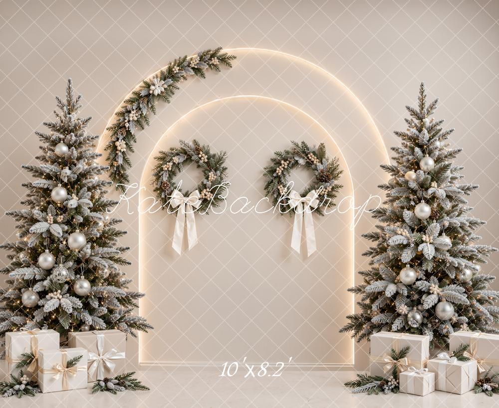 Kate Christmas Beige Tree Arch Wreaths Gifts Printed Backdrop Designed by Emetselch