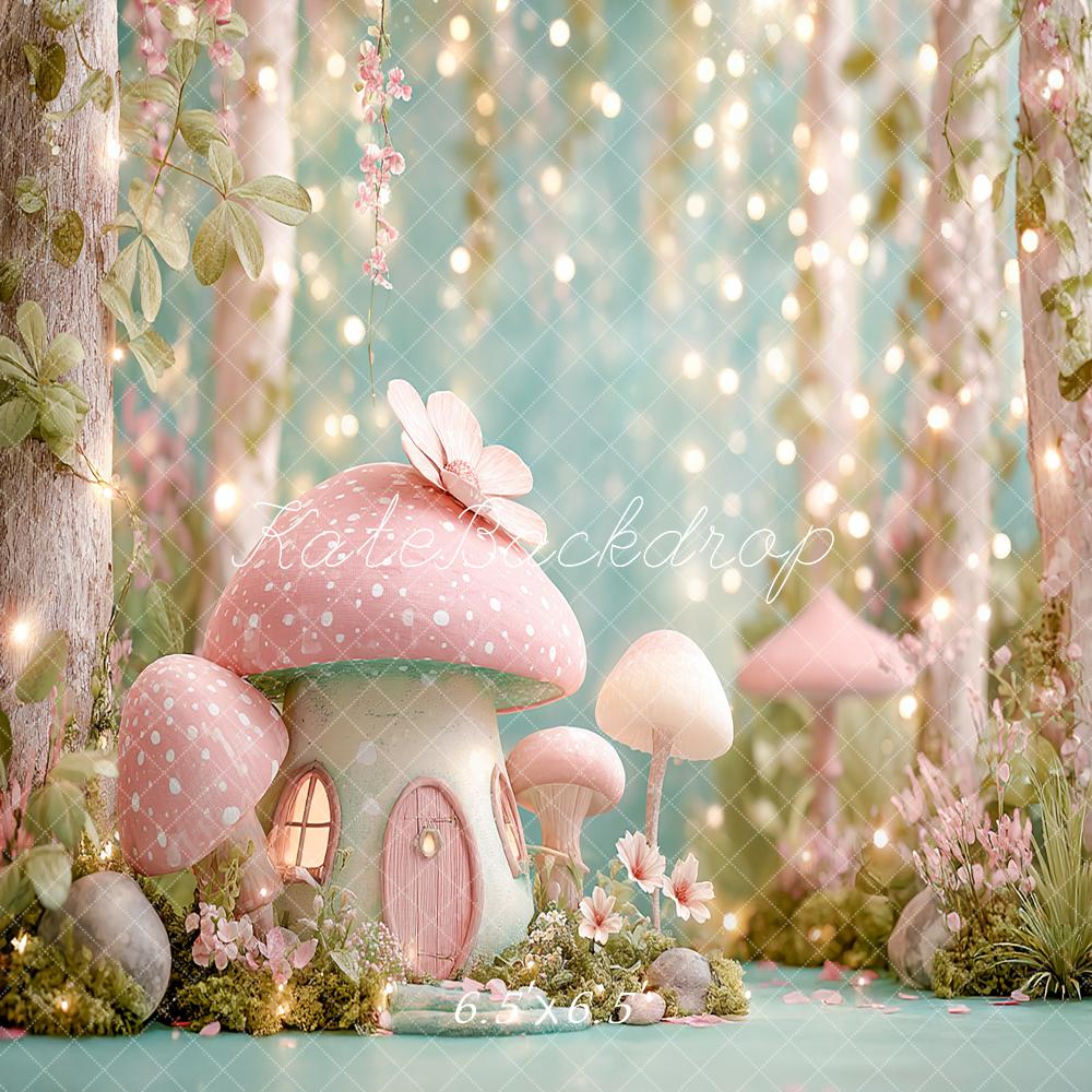 Kate Fairy Fantasy Pink Mushroom House Forest Printed Backdrop Designed by Angela Miller