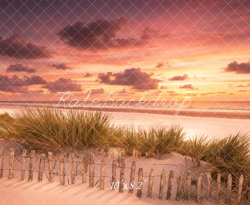 Kate Summer Beach Sunset Sand Dunes Grass Fence Printed Backdrop Designed by Emetselch