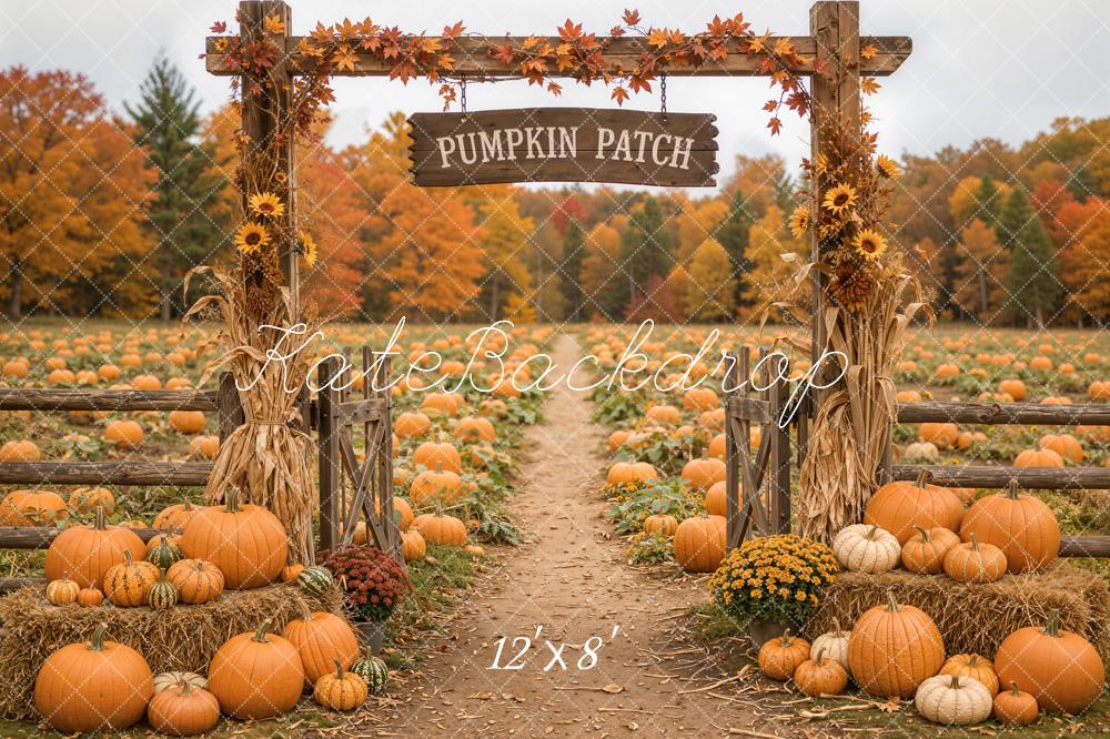 Kate Fall Pumpkin Patch Sunflowers Hay Bales Printed Backdrop Designed by Emetselch