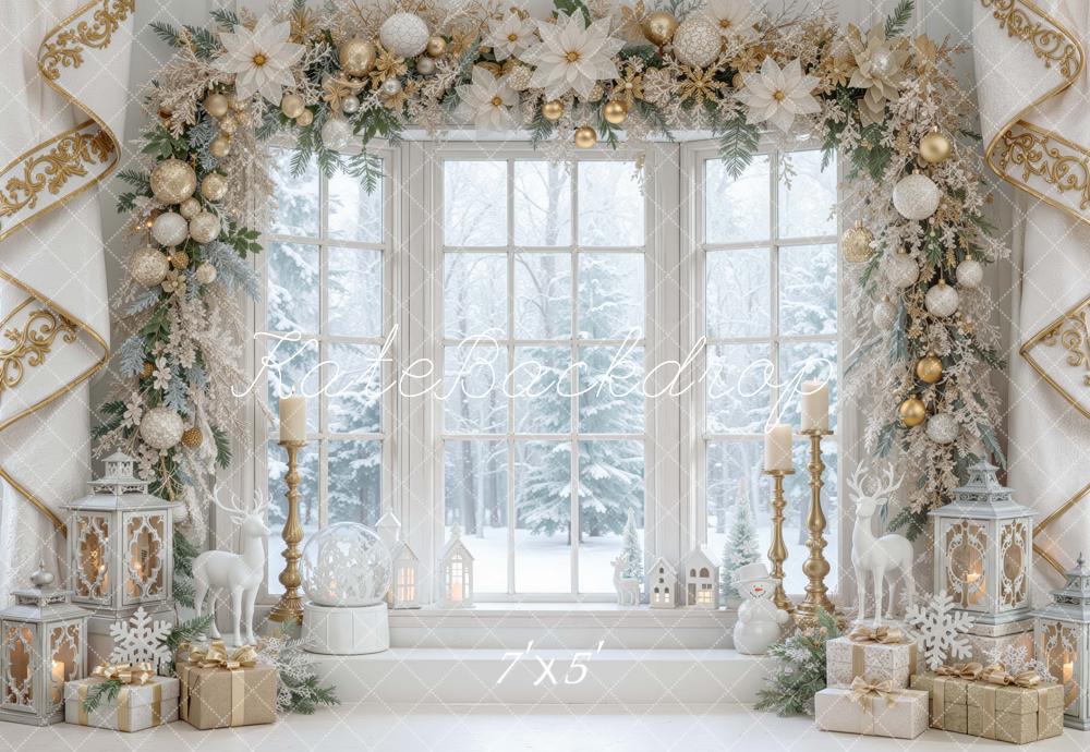 Kate Christmas White Gold Floral Window Arch Printed Backdrop Designed by Mini MakeBelieve