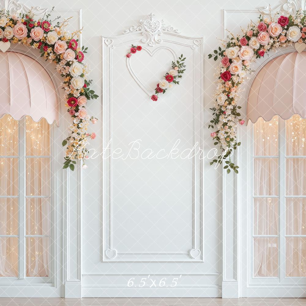 Kate Valentine's Day Pink Awning Windows Rose Arch Printed Backdrop Designed by Mini MakeBelieve