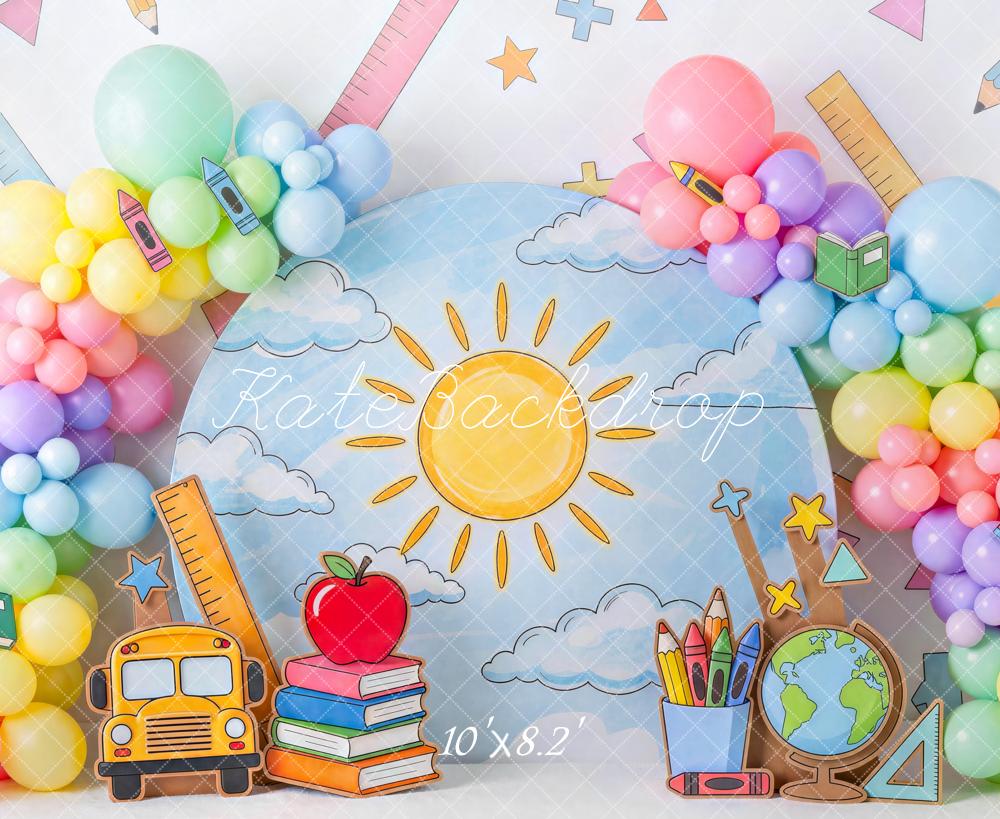Kate Back To School Colorful Balloon Arch School Supplies Printed Backdrop Designed by Mini MakeBelieve