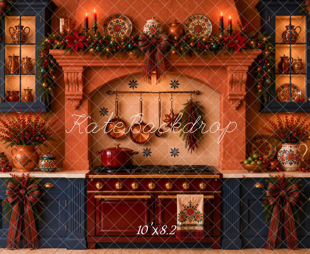 Kate Christmas Navidad Mexican Rustic Kitchen Stove Garland Bow Printed Backdrop Designed by Ashley Ward