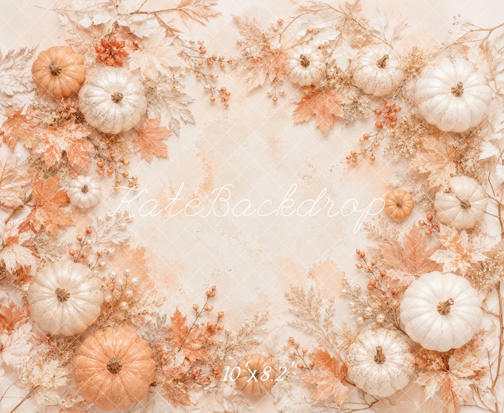 Kate Fall Pumpkins Maple Leaves Beige Printed Backdrop Designed by Megan Leigh Photography