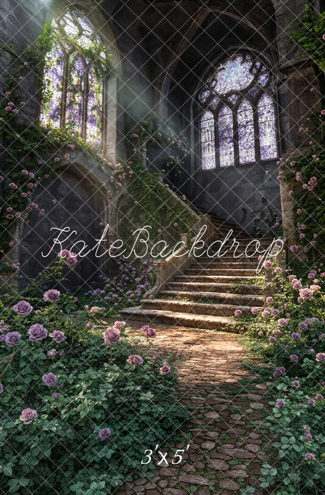 Kate Spring Cascading Stairs Stained Glass Rose Garden Printed Backdrop Designed by Chain Photography