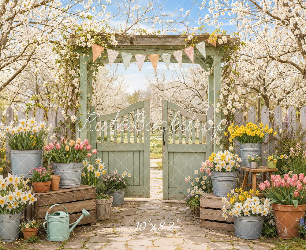 Kate Spring Garden Gate Flower Pots Cherry Blossoms Printed Backdrop Designed by Emetselch