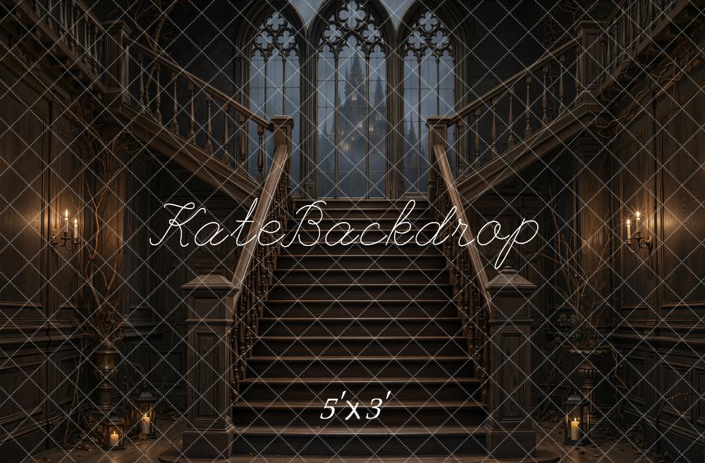 Kate Halloween Cascading Stairs Gothic Windows Candlelight Printed Backdrop Designed by Emetselch