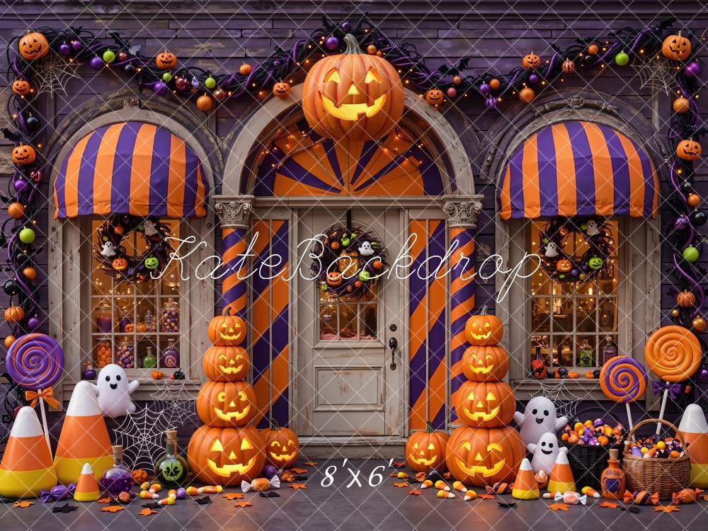 Kate Halloween Shop Pumpkins Porch Candy Trick Or Treat Printed Backdrop Designed by Emetselch