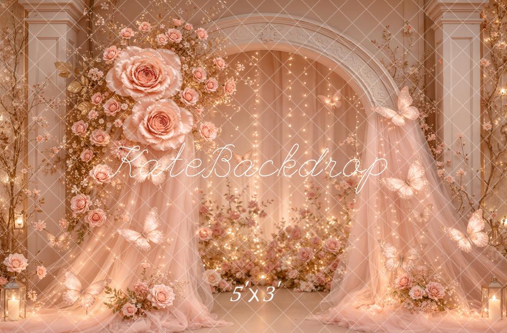 Kate Fairy Rose Arch Pink Drapes Butterflies Lights Printed Backdrop Designed by Emetselch