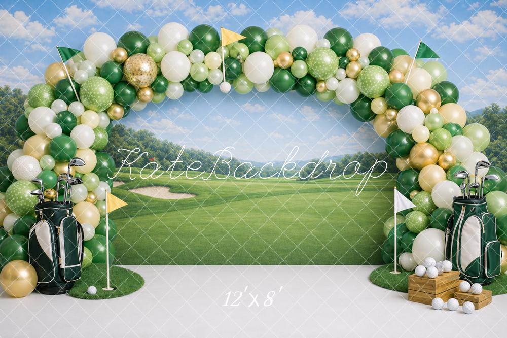 Kate Birthday Golf Course Balloon Arch Green Fairway Printed Backdrop Designed by Caitlin Lynch